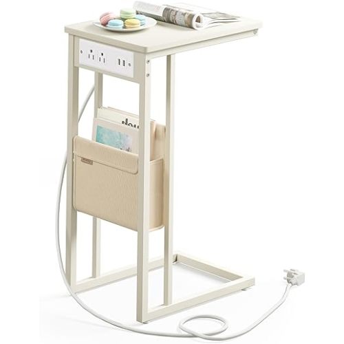 VASAGLE C-Shaped Side Table, End Table with Charging Station, 2 USB Ports and Outlets, C Table for Couch, Sofa, with Storage Bag, Adjustable Feet, for Bedroom, Living Room, Cream White ULET356W01