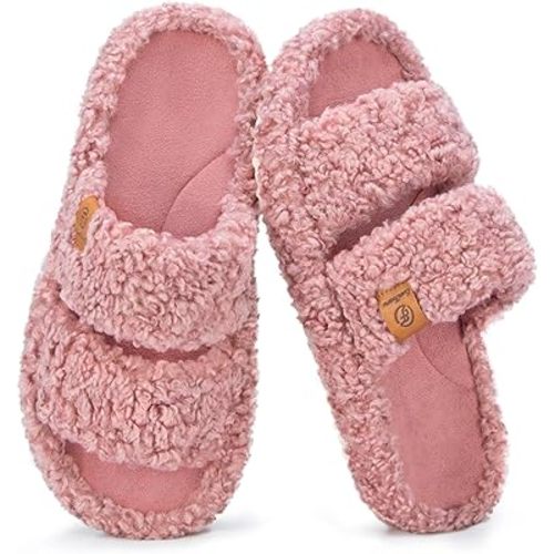 EverFoams Womens Fuzzy Open-toe Slippers Soft Comfy Memory Foam Indoor House Shoes