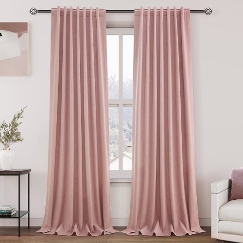 100% Blackout Linen Curtains 102 Inches Long 2 Panels Set for Bedroom Blush Pink Back Tab Black Out Curtain Modern Urban Noise Cancelling Total Light Blocking Window Curtains 102 Length 52X102