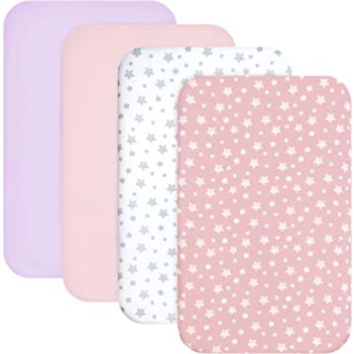 Mini Portable Crib Sheets 4 Pack for Girls (38" X 24"), Compatible with Dream on Me, Delta Porta Crib and Arms Reach Ideal Cosleeper, Pink