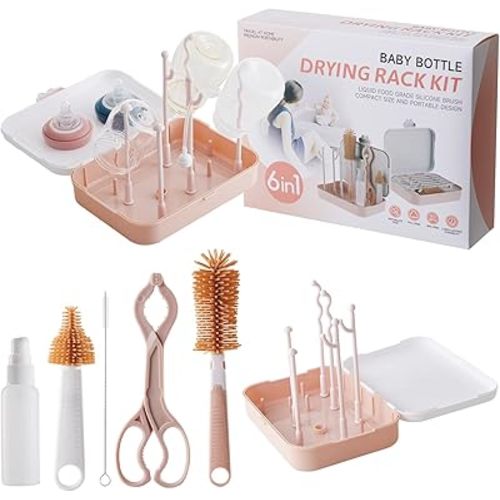 6 in 1 Baby Traveling Set Includes Straw Cleaner, Silicone Brush, Nipple Brush, Soap Dispenser, Drying Rack + Tray and Bottle Clip, Brush Washer, Newborn Essentials, Girl and Boy Gifts, Pink
