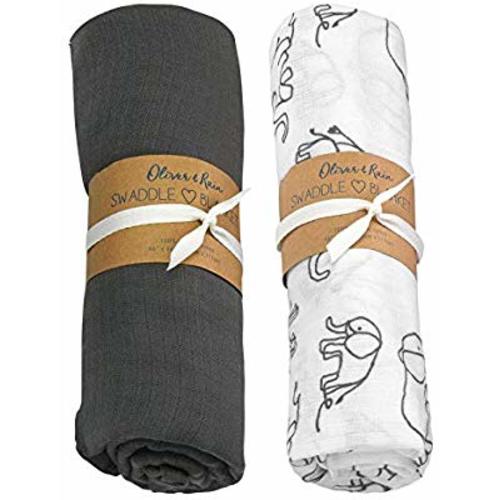 Oliver & Rain Boy, Girl, Unisex Organic Muslin Swaddle Baby Blanket, Elephant - 2-Pack - Charcoal, Gray Elephant Print