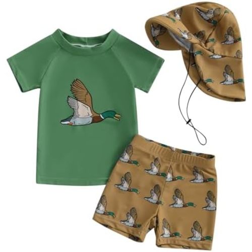 Baby Boy Swimsuit Set Toddler Rash Guard Swimwear Short Sleeve Swim Shirt Trunks with Sunhat 3Pcs Beachwear