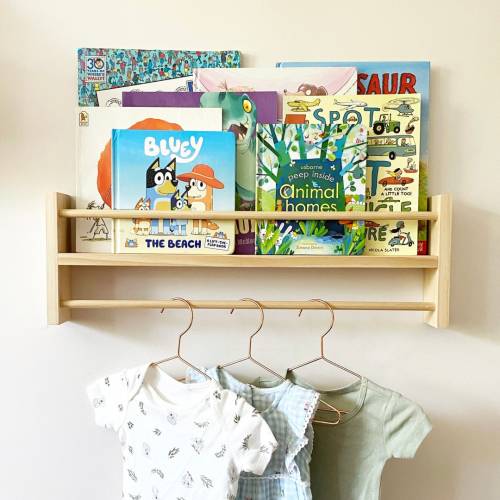 Bookshelf with Hanging Rod - Nursery Hanging Rack - Kids Wooden Clothes Rack Shelf - Childrens Clothing Rack - Kids Bookshelf - Pine