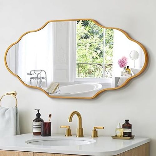Scalloped Wall Mirror - 20"x36" Bathroom Mirror Irregular Mirror with Aviation Aluminum Alloy Frame & Shatter-Proof Glass for Living Room Bathroom Bedroom Entryway, Gold Frame