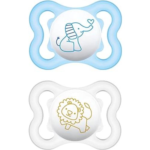 MAM Mini Air Pacifiers, Sensitive Skin Pacifier 0-6 Months for Breastfed Babies, Baby Boy Pacifiers, 2 Count (Pack of 1), Designs May Vary