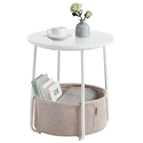 Round End Table Side Table with Fabric Storage Basket Bedside Table for Living Room Bedroom Classic White Sand Beige