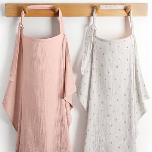 Comfy Cubs Muslin Nursing Cover Pack of 2, 100% Cotton Muslin Breastfeeding Cover for Moms, Soft & Breathable Baby Nursing Scarf, Adjustable Neck Strap - Privacy Coverage - Flower Pattern and Blush
