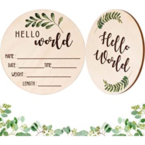 Baby Announcement Sign for Newborn - Beautiful Double-Sided Hello World Name Sign for Hospital Birth Announcement, The Perfect Round Wooden Welcome Baby Sign for New Baby Boy and Girl Gifts