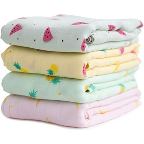 CuddleBug Muslin Baby Swaddle Blankets for Boys and Girls Size Large 4 x 4 Feet – Muslin Cotton 4 Pack (Tutti Frutti)