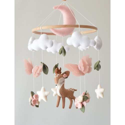 Deer baby mobile girl. Butterflies baby mobile. Baby shower gift. Flowers baby mobile.