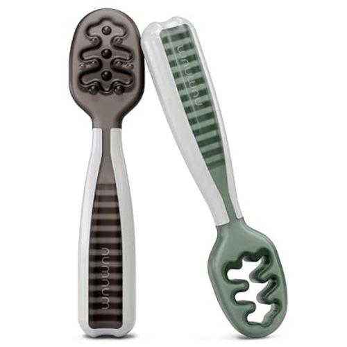 NumNum Baby Spoons Set, Pre-Spoon GOOtensils for Kids Aged 6+ Months - First Stage, Baby Led Weaning (BLW) Spoon - Self Feeding, Silicone Toddler Food Utensils - 2 Spoons, Gray/Green