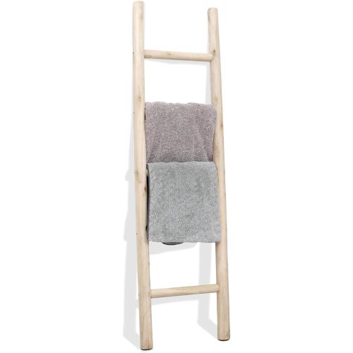 FUIN 5ft Wood Blanket Ladder Living Room Decorative Wall Leaning Farmhouse Quilt Display Holder Rustic Wooden Towel Rack for Bathroom, Unfinished