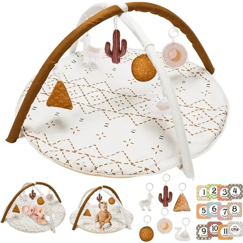 Tummy Time Activity Mat, Macrame Baby Play Gym Mat with 6 Detachable Toys and 12 Milestone Cards for Stage-Based Sensory and Motor Skill Development, Washable Play Mats for Infant, Non Slip Play Mat