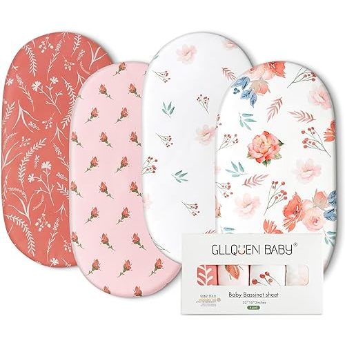 Gllquen Baby Bassinet Sheets 4 Pack, Breathable Cozy Fitted Mattress Sheet, Elastic Travel Crib Fashionable Floral Pattern, Standard Cradle Safe Sheets for Baby Boy Girls 32"X16" (Flower)