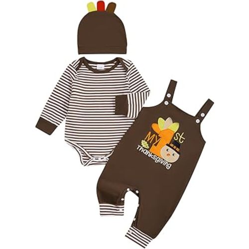 Newborn Baby Boy 1st Halloween Outfit Stripe Long Sleeve Romper Pumpkin Overall Pants Hat Set 3Pcs Fall Clothes
