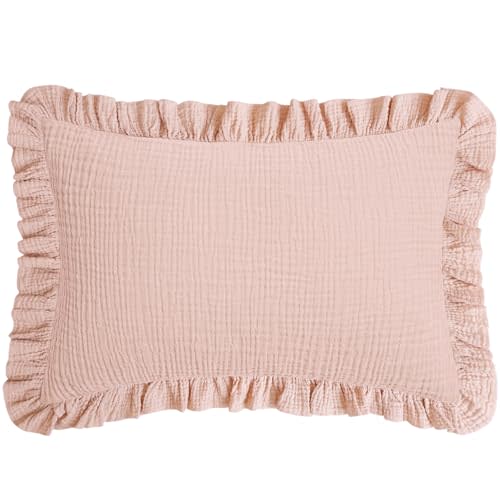 Konssy Flounce Muslin Toddler Pillowcase, Soft Cotton Toddler Pillow Case for 13x18 Pillow, Breathable Travel Kids Baby Pillowcases with Envelope Closure (Pink)
