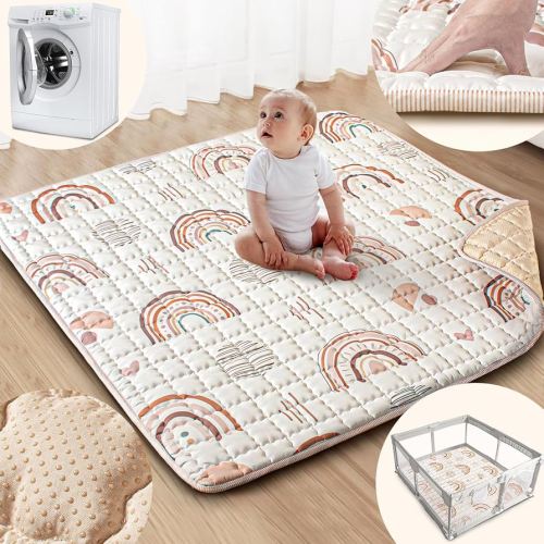Baby Play Mat, 50x50 Playpen Mat with Super Soft Touch, Activity Mat with Upgraded Anti-Slip Bottom, Machine Washable Crawling Mat for Floor & Picnic(Boho Rainbow)
