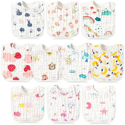 BUoonyer 10pcs Snap Muslin Cotton Bibs, Baby Bandana Drool Bibs, Adjustable Soft Absorbent Cotton Scarf