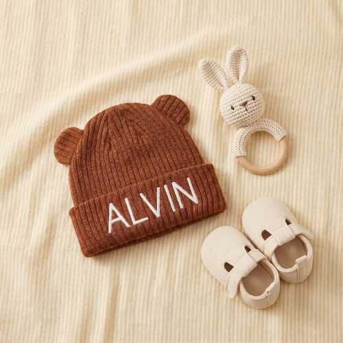Custom Baby Knit Hat with Name, Cute Bear Ear Baby Beanie, Soft Winter Newborn Gift for New Moms and Infants