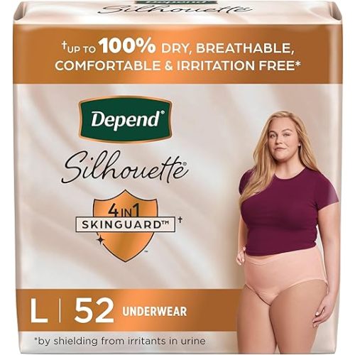 Depend Silhouette Adult Incontinence & Postpartum Bladder Leak Underwear for Women, Maximum Absorbency, Large, Pink, 52 Count (2 Packs of 26), Packaging May Vary