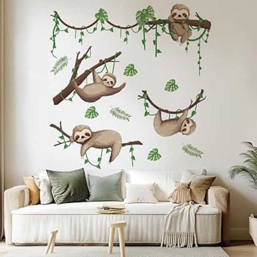 2 Sheets 2 Styles Funny Sloth Wall Stickers, Sloth on Branch Stickers Decor Animal Removable Peel and Stick Wall Stickers for Nursery Playroom Room Bedroom Classroom, 46.46 x 15.35 Inch