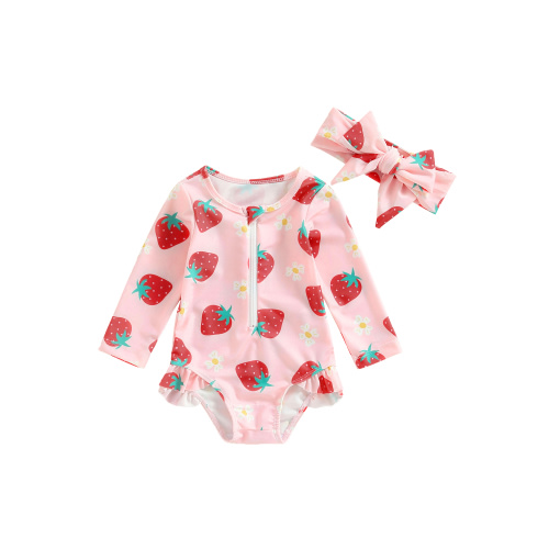 Summer Baby Girl One-Piece Bathing Suit Long Sleeve Rash Guard Swimsuit Strawberry Print Zipper Swimwear