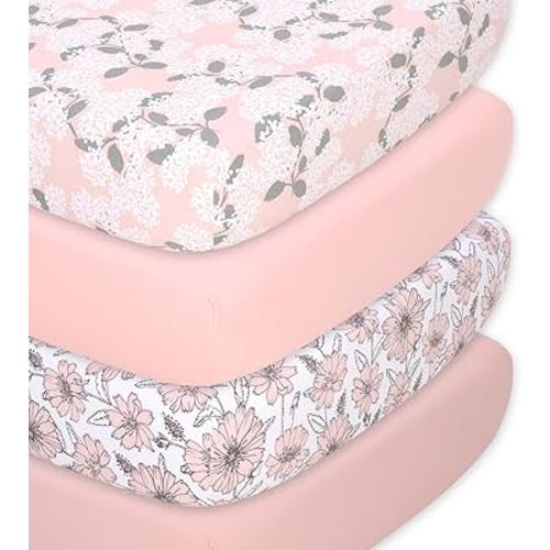 The Peanutshell 4-Pack Fitted Organic Crib Sheet Set - Soft & Breathable Baby Girl or Boy Crib Sheets, 100% Jersey Cotton Nursery Decor, Fit for Standard Mattress Cover- Cottage Floral