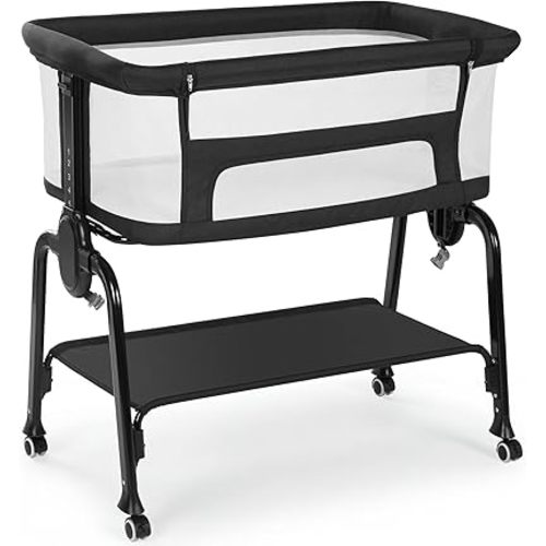 Cowiewie Bassinet Bedside Sleeper, Breathable Baby Bedside Bassinet and Mattress, Lightweight and Portable for Bedside Sleeping (Black)