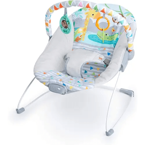 Bright Starts Baby Bouncer Soothing Vibrations Infant Seat - Removable -Toy Bar, Nonslip Feet, 0-6 Months Up to 20 lbs (Safari Fun)
