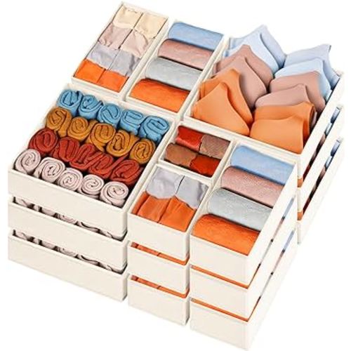 15 Pack Drawer Organizers for Clothing, Dresser Drawer Dividers Collapsible Fabric Closet Organizers and Storage Bins for Baby Clothes Underwear Sock Bra - Christmas Ornament Storage Boxes (Beige)