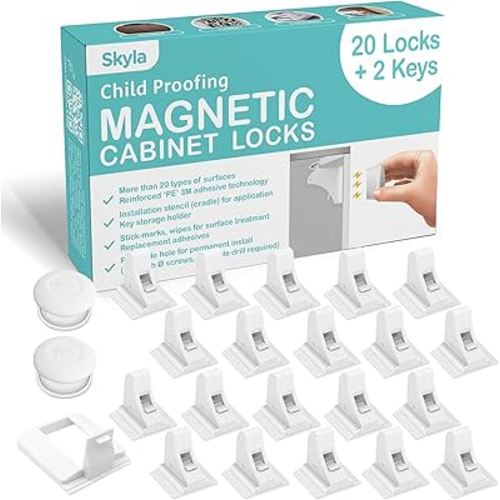 SKYLA HOMES Magnetic Cabinet Locks Baby Proofing Child Safety - The Safest Quickest and Easiest Multi-Purpose 3M Adhesive Child Proof Latches, No Screws or Tools Needed (20 Pack)