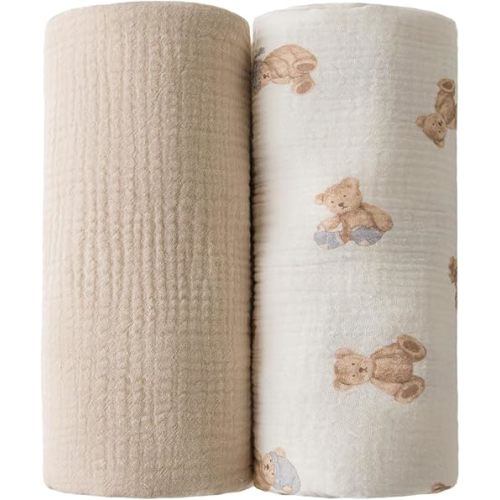 Muslin Swaddle Blankets for Newborn -100% Cotton Soft Receiving Blankets - 2 Pack Teddy Bear Print Nursery Gift for Baby Girls(Teddy Bears -C)