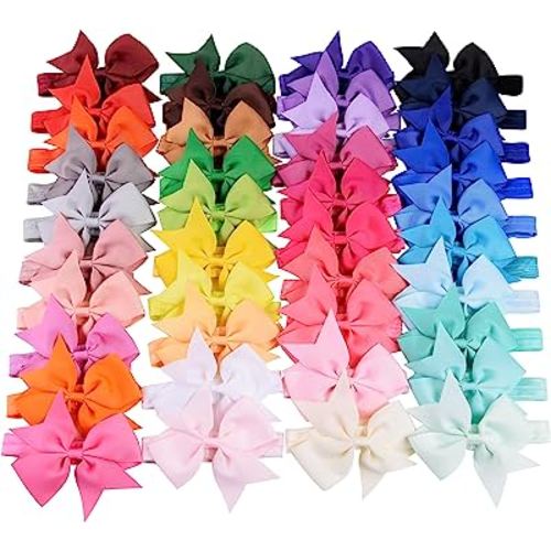 jollybows 40pcs Baby Girls Hair Bows Headbands Grosgrain Ribbon Hair Band Accessories for Infants Newborn Toddler (4In)
