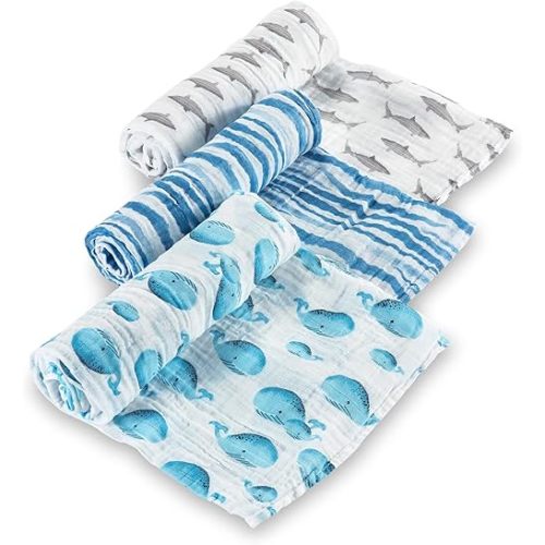 LollyBanks Swaddle Blanket | 100% Muslin Cotton | Newborn and Baby Nursery Essentials for Boys, Registry | Ocean Shark and Whale 3 Pack