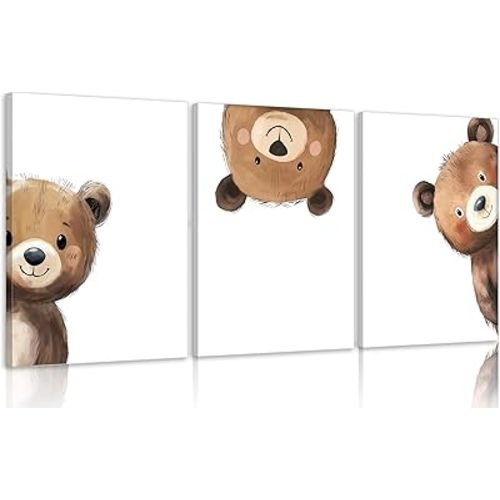 3Pcs Baby Teddy Bear Nursery Wall Art Peeking Bear Pictures Wall Decor Peekaboo Kids Room Decor Woodland Animal Posters Neutral Nursery Painting Canvas Print Artwork for Children's Baby Room Bedroom