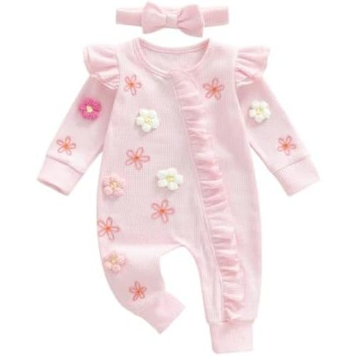 Newborn Baby Girl Clothes Coming Home Outfit Floral Ruffle Romper Waffle Knit Zipper Onesie Jumpsuit Fall Winter