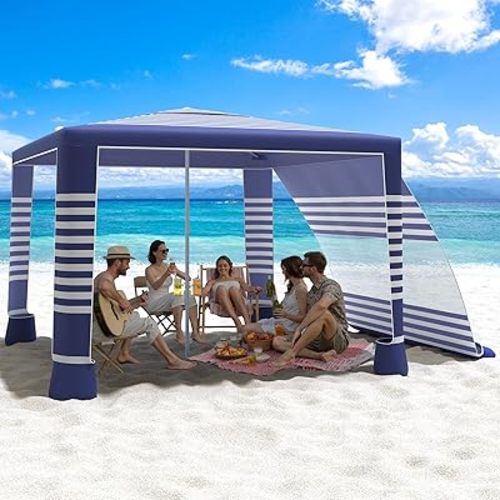 MoKo Beach Cabana, 8'×8' Large Beach Canopy with Side Wall, UPF 50+ Protection Easy Setup Beach Tent Sun Shelter, Adjustable Height Wind Resistant Cabana Beach Tent for Whole Family, Navy Stripes