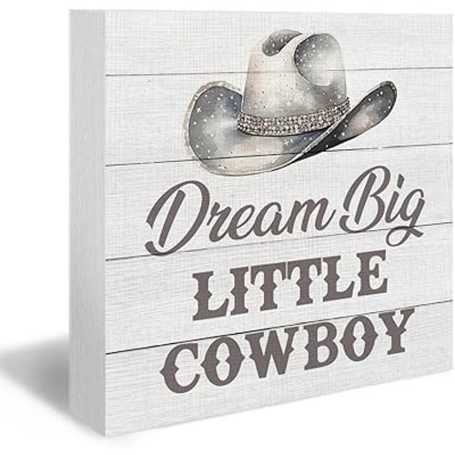 Western Nursery Wood Box Sign - Western Desk Shelf Decor, Cowboy Nursery Decor, Grey Dream Big Little Cowboy Wooden Block Plaque Box Sign for Baby Boy Dorm Room Table Decorations