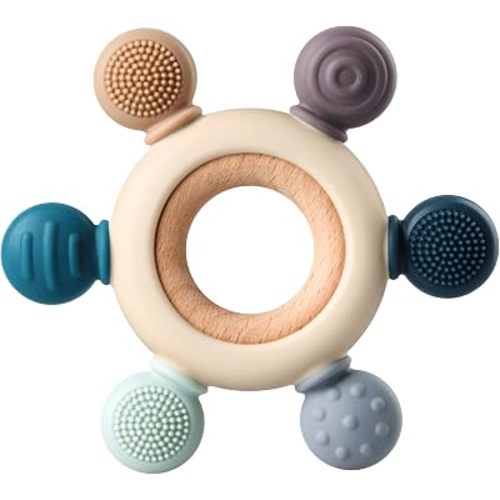 Baby Teething Toys, Silicone Chewable Teethers with Wooden Ring for Soothing Babies Gums, Rudder Chewers Shower Gift for lnfants & Toddlers, 3+ Months (6 Directions, Gray)