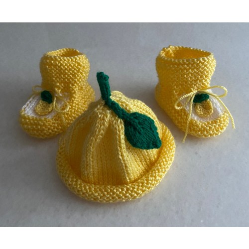Lemon and Mango hand knit baby hat and booties; cap, beanie; crib shoes socks; knitted crochet; baby shower gift, infant newborn gift; fruit