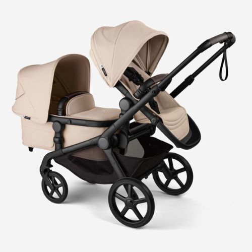 Bugaboo Kangaroo bassinet and seat tandem stroller Desert Taupe sun canopy, Desert Taupe fabrics, black chassis | Bugaboo