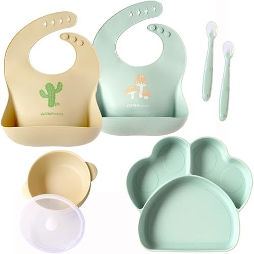 YMCF Products Baby or Toddler Feeding Set | Silicone Bib, Divided Plates, Suction Bowls & Spoons, Dishwasher-Safe, Easy-Wipe Cleaning (Beige/Sage)