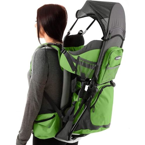 Luvdbaby Hiking Baby Carrier Backpack - Comfortable Baby Backpack Carrier - Toddler Hiking Backpack Carrier - Child Carrier Backpack System with Diaper Change Pad, Insulated Pocket, Rain and Sun Hood - Green/Grey