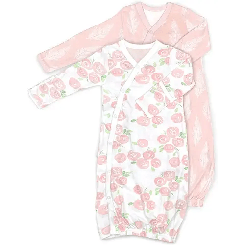 Cambria Baby 100% Organic Kimono Gowns. Side Snaps with Built in Mitts. (0-6 Months, Roses and Feathers)