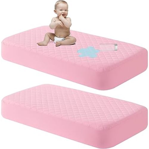 NTBAY 2 Pack Waterproof Mini Crib Mattress Protector, Quilted 24"x38" Fitted Mattress Cover - Machine Washable - Soft and Breathable Baby Mattress Pad Sheet for Mini Crib and Baby Playards, Pink