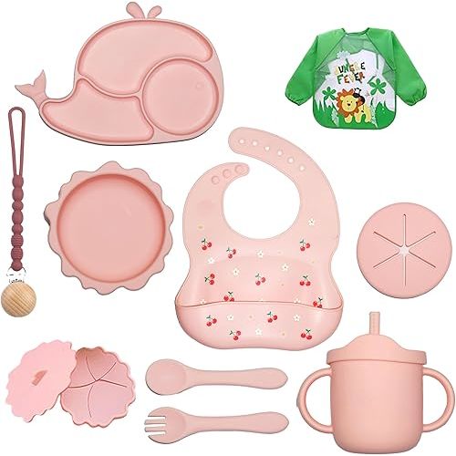 Silicone Baby Feeding Set 14 Pcs | Baby Led Weaning Supplies | Baby Spoons Suction Bowl Divided Plate Bib Cup | First Stage Solid Food Eating Utensils - 6+ Months