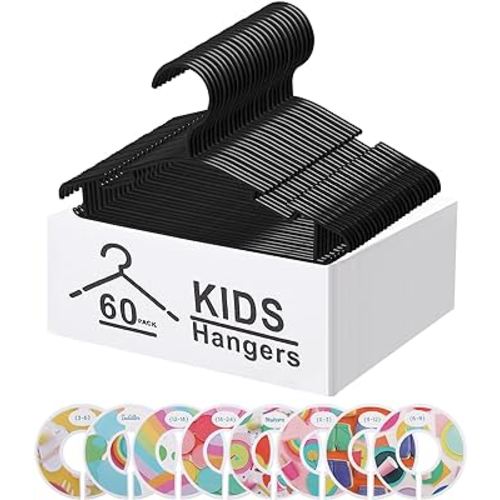 GoodtoU Baby Clothes Hangers 60 Pack, No Slip Infant Nursery Clothes Hangers with 8 Pcs Cute Clothing Dividers for Boys & Girls Closet Organizer Infant Hangers, Black