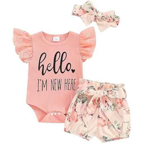 Hello World Newborn Outfit Baby Girl Going Home Outfit Ruffle Ribbed Romper Top Floral Pants Set Cute Summer Clothes