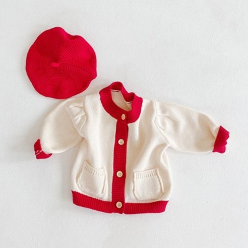 MyKids-USA Baby Girl 1pcs Contrast Pattern Buttoned Front Puff Sleeve Knitted Cardigan White 90